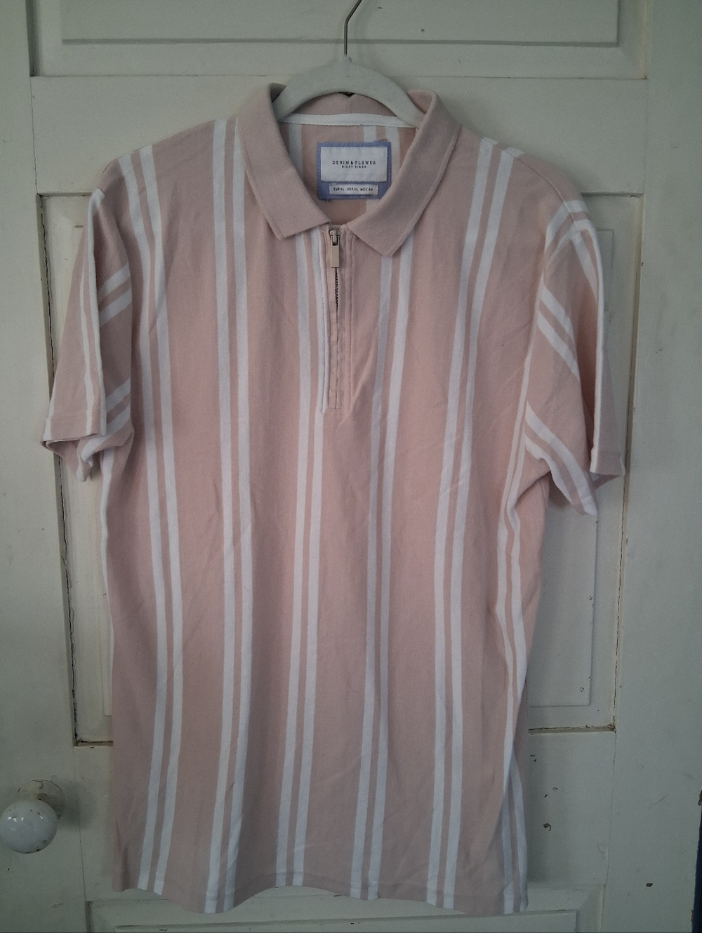 Denim & Flower Vertical Stripe Polo with Zipper Men's Cotton Blend
